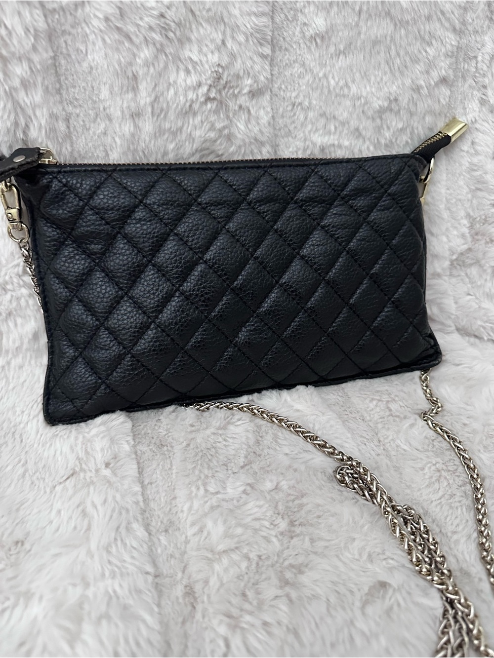 Quilted Black Leather Wristlet Clutch with Silver Chain
